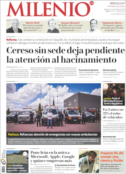 Portada de Milenio Hidalgo del miércoles, 1 de abril de 2026