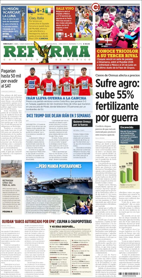 Portada de Reforma del miércoles, 1 de abril de 2026