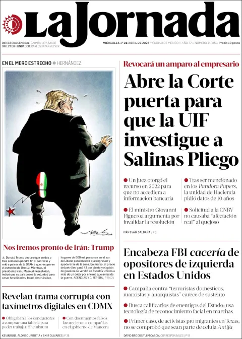 Portada de La Jornada del miércoles, 1 de abril de 2026