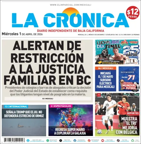 Portada de La Cronica del miércoles, 1 de abril de 2026