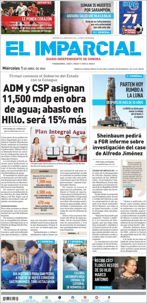 Portada de El Imparcial del miércoles, 1 de abril de 2026