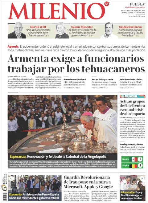 Portada de Milenio Puebla del miércoles, 1 de abril de 2026