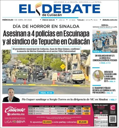 Portada de El Debate de Culiacan del miércoles, 1 de abril de 2026