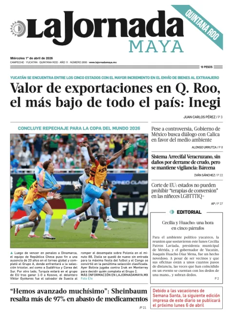 Portada de La Jornada Maya Quintana Roo del miércoles, 1 de abril de 2026