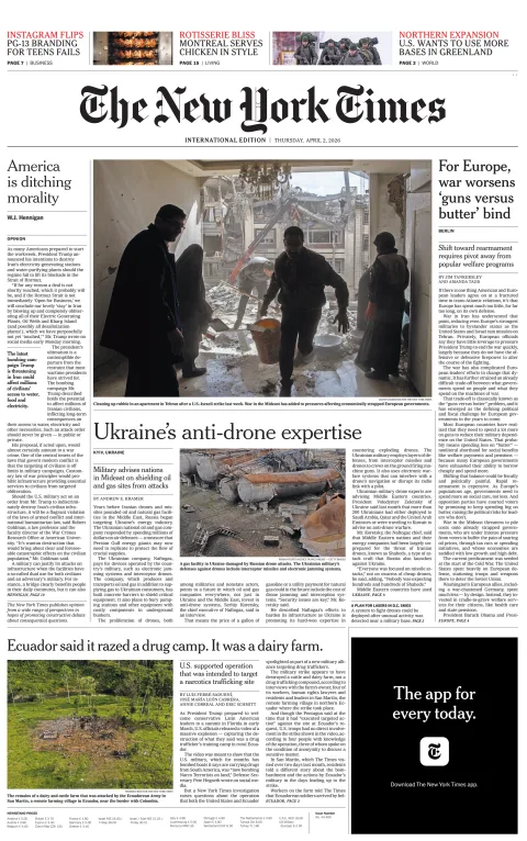 Portada de The New York Times (international) del jueves, 2 de abril de 2026