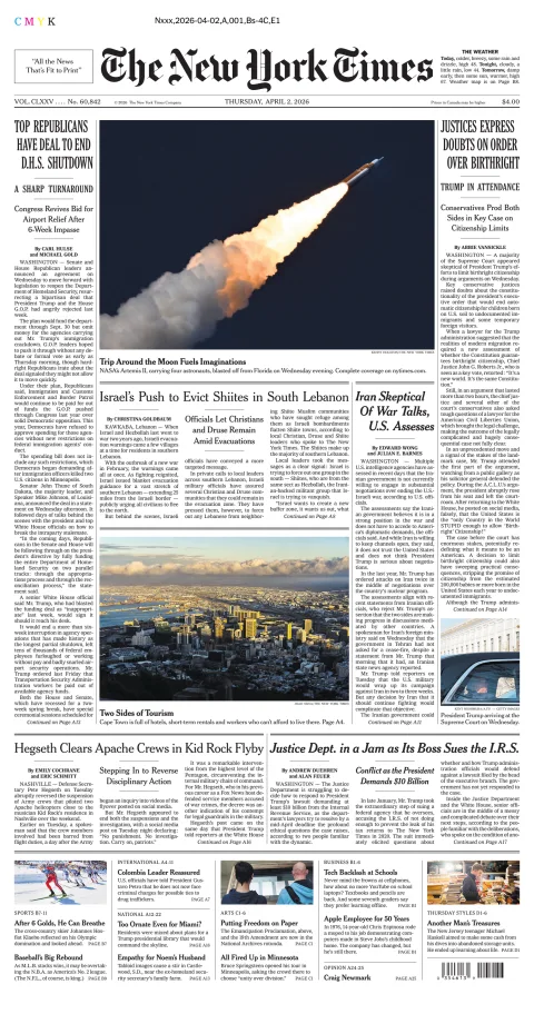 Portada de The New York Times (new York) del jueves, 2 de abril de 2026