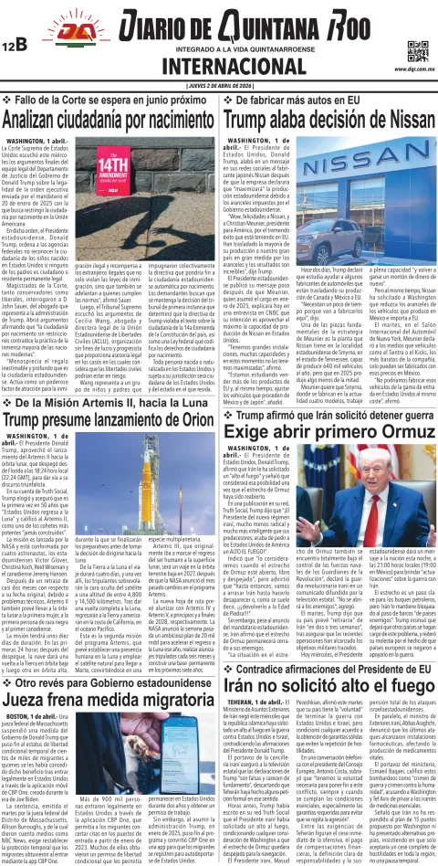 Portada de Diario de Quintana Roo (contra Portada) del jueves, 2 de abril de 2026