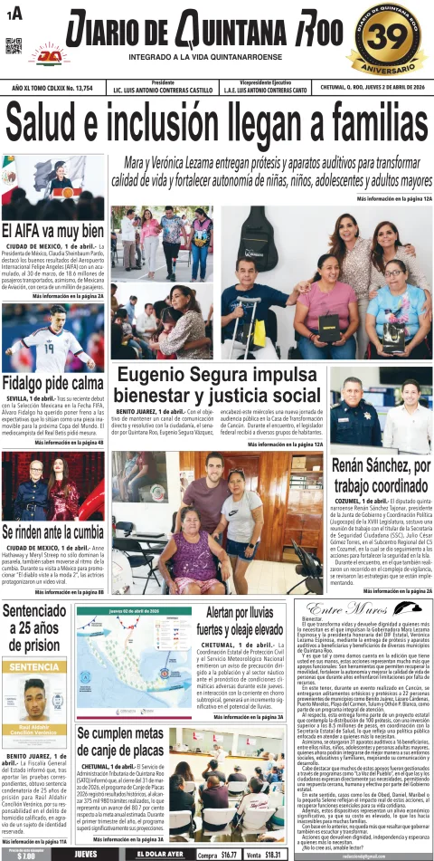Portada de Diario de Quintana Roo (portada) del jueves, 2 de abril de 2026