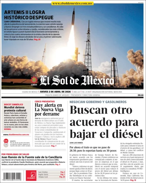 Portada de El Sol de Mexico del jueves, 2 de abril de 2026