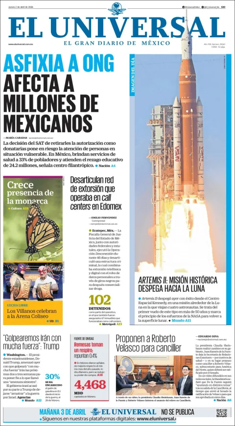 Portada de El Universal del jueves, 2 de abril de 2026
