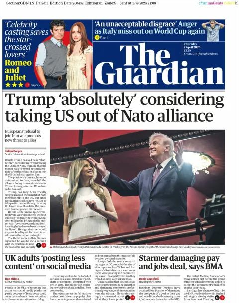 Portada de The Guardian (reino Unido) del 2026-04-02