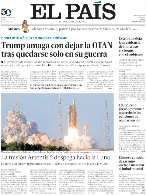 Portada de El Pais del jueves, 2 de abril de 2026