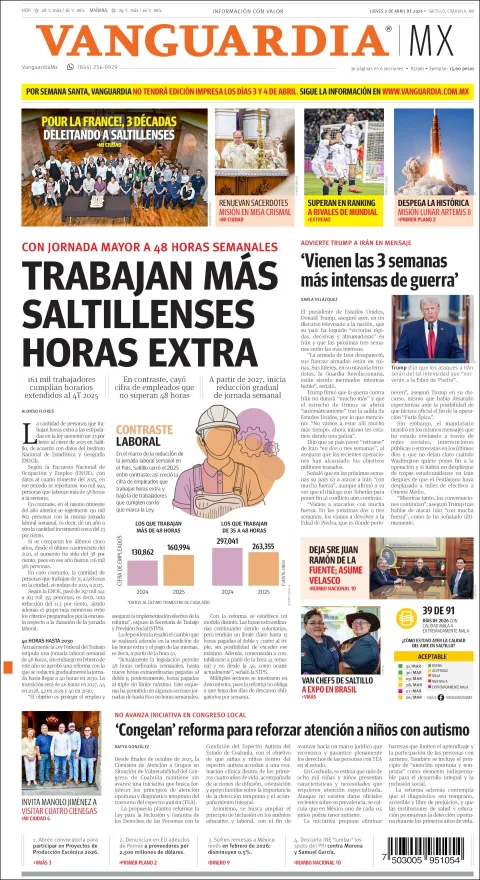 Portada de Vanguardia del jueves, 2 de abril de 2026