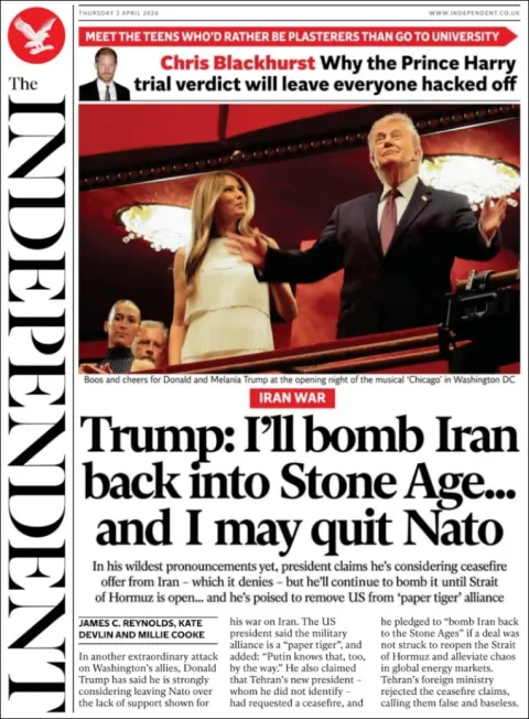 Portada de The Independent del jueves, 2 de abril de 2026