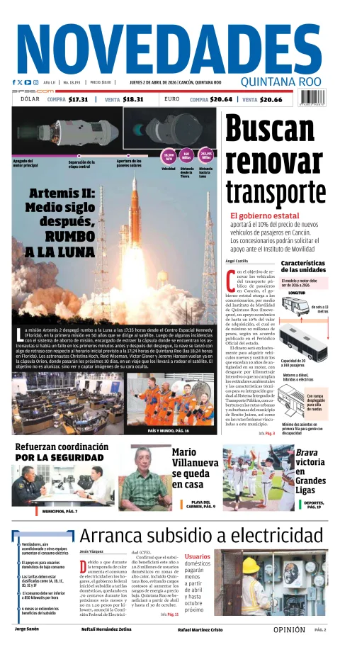 Portada de Novedades Quintana Roo del jueves, 2 de abril de 2026