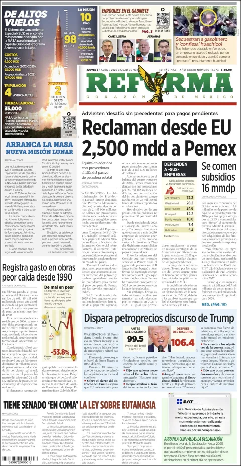 Portada de Reforma del jueves, 2 de abril de 2026