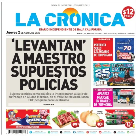 Portada de La Cronica del jueves, 2 de abril de 2026