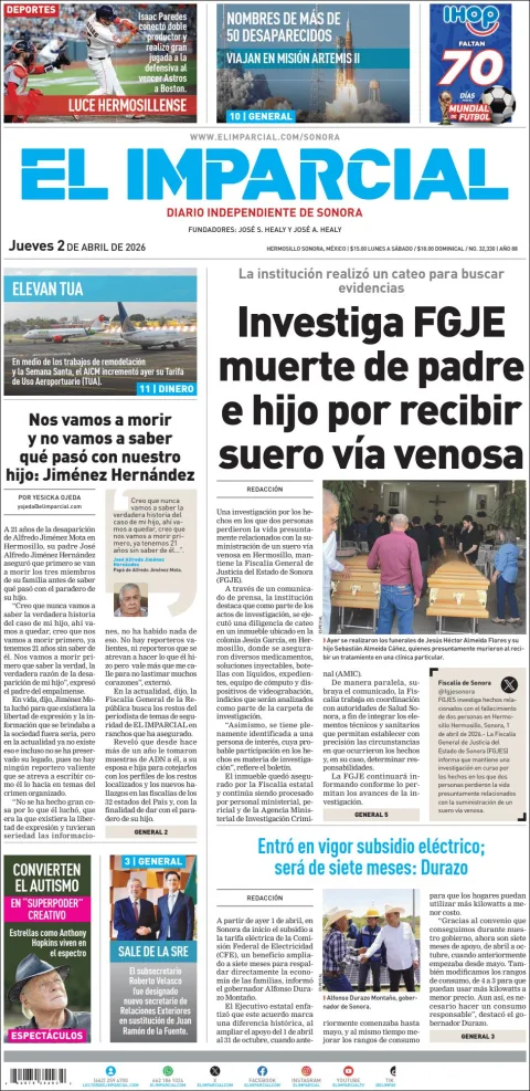 Portada de El Imparcial del jueves, 2 de abril de 2026