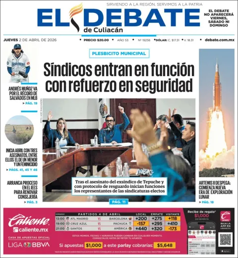 Portada de El Debate de Culiacan del jueves, 2 de abril de 2026