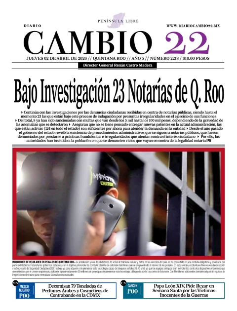Portada de Diario Cambio 22 (contraportada) del jueves, 2 de abril de 2026