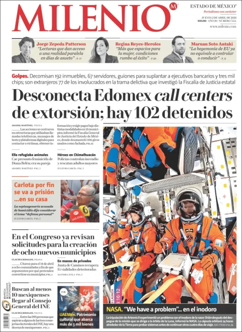 Portada de Milenio Edo de Mexico del jueves, 2 de abril de 2026