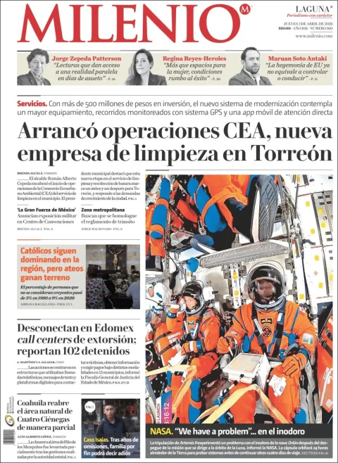 Portada de Milenio Laguna del jueves, 2 de abril de 2026