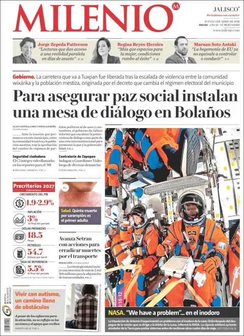 Portada de Milenio Hidalgo del jueves, 2 de abril de 2026