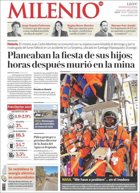 Portada de Milenio Leon del jueves, 2 de abril de 2026