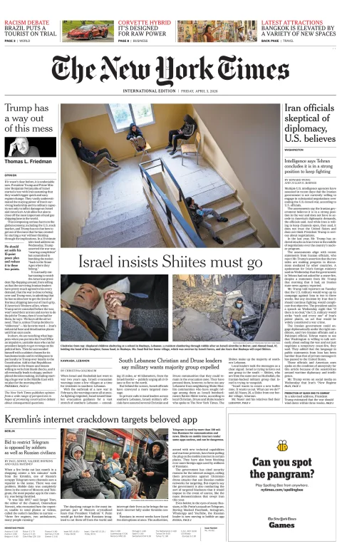 Portada de The New York Times (international) del viernes, 3 de abril de 2026