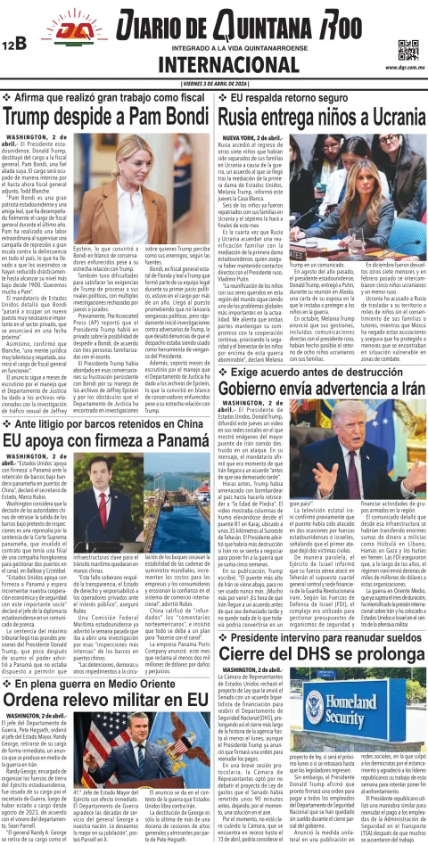 Portada de Diario de Quintana Roo (contra Portada) del viernes, 3 de abril de 2026