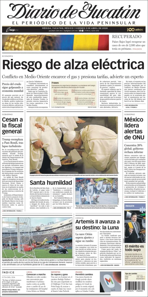 Portada de Diario de Yucatán del viernes, 3 de abril de 2026