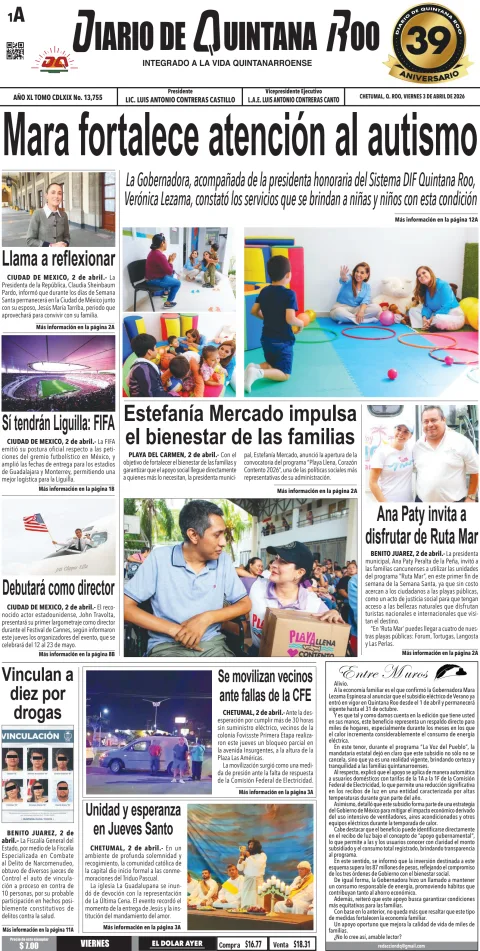 Portada de Diario de Quintana Roo (portada) del viernes, 3 de abril de 2026