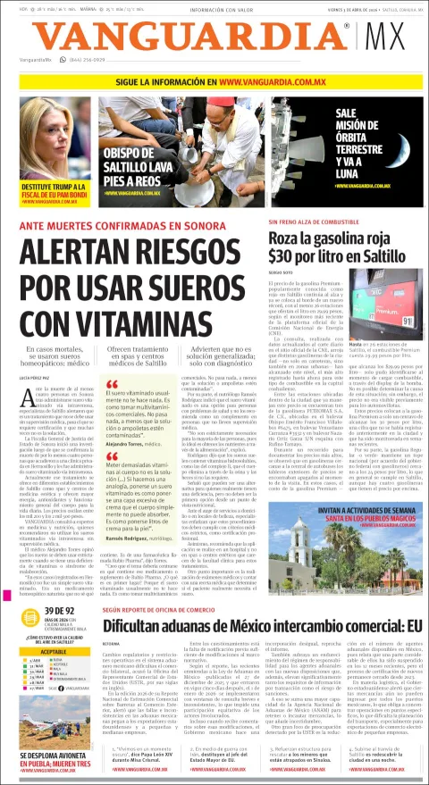 Portada de Vanguardia del viernes, 3 de abril de 2026