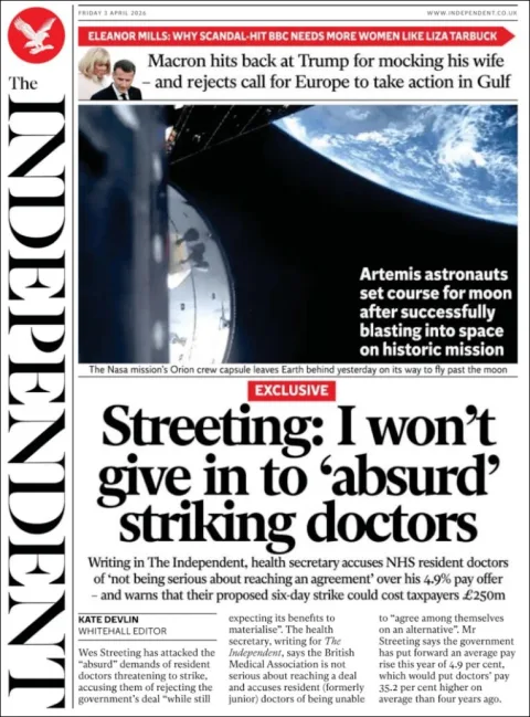 Portada de The Independent del viernes, 3 de abril de 2026