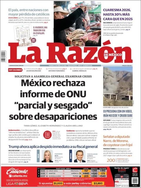 Portada de La Razon del viernes, 3 de abril de 2026