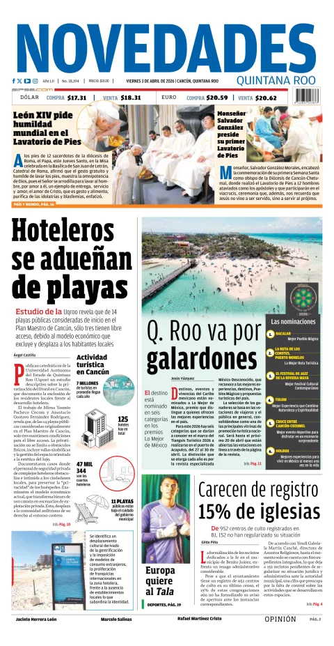 Portada de Novedades Quintana Roo del viernes, 3 de abril de 2026