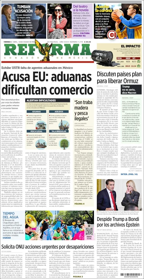 Portada de Reforma del viernes, 3 de abril de 2026