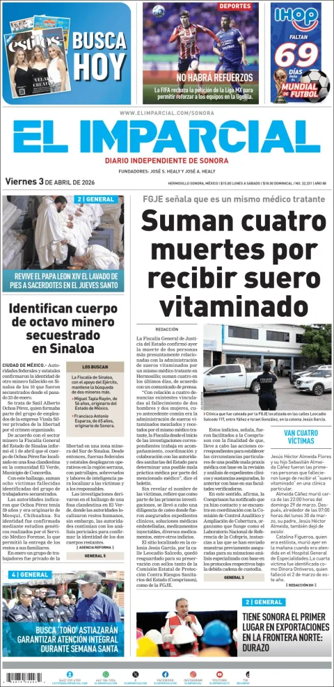 Portada de El Imparcial del viernes, 3 de abril de 2026