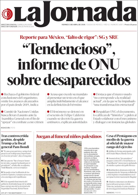 Portada de La Jornada del viernes, 3 de abril de 2026
