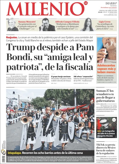 Portada de Milenio del viernes, 3 de abril de 2026