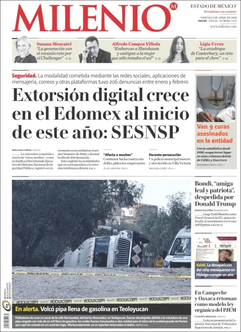 Portada de Milenio Edo de Mexico del viernes, 3 de abril de 2026