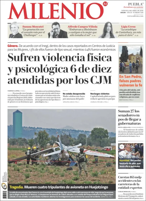 Portada de Milenio Puebla del viernes, 3 de abril de 2026