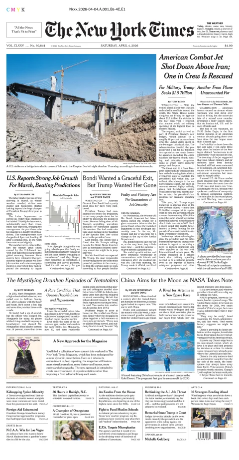 Portada de The New York Times (new York) del sábado, 4 de abril de 2026