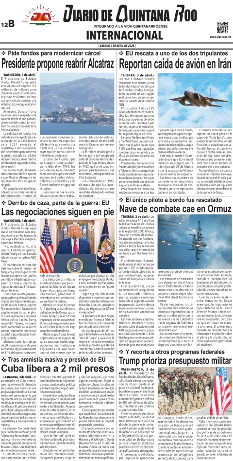 Portada de Diario de Quintana Roo (contra Portada) del sábado, 4 de abril de 2026