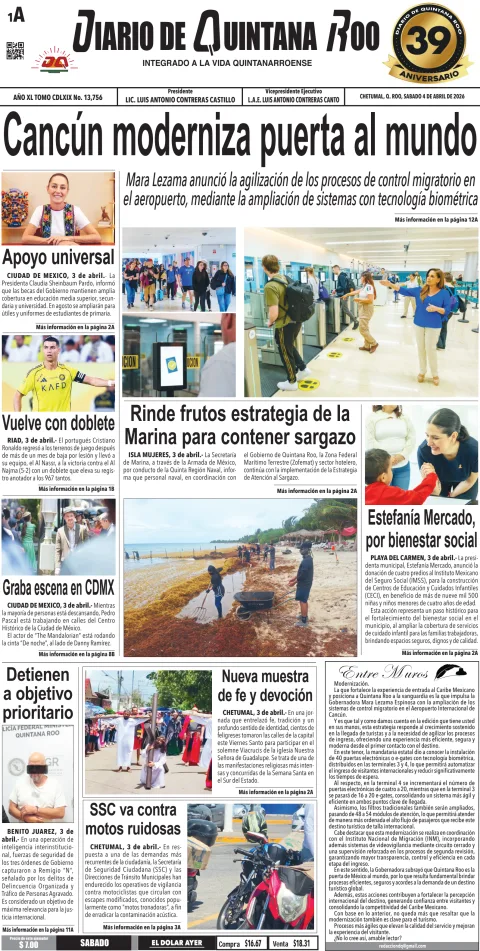 Portada de Diario de Quintana Roo (portada) del sábado, 4 de abril de 2026
