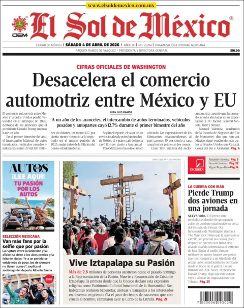 Portada de El Sol de Mexico del sábado, 4 de abril de 2026
