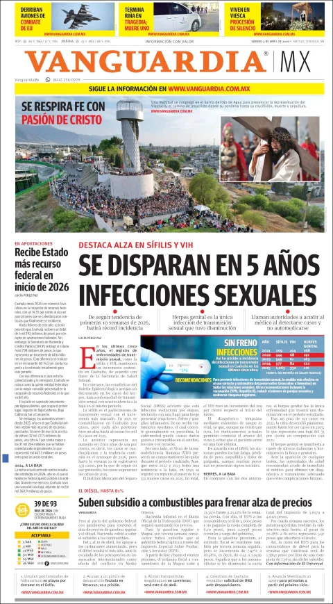 Portada de Vanguardia del sábado, 4 de abril de 2026