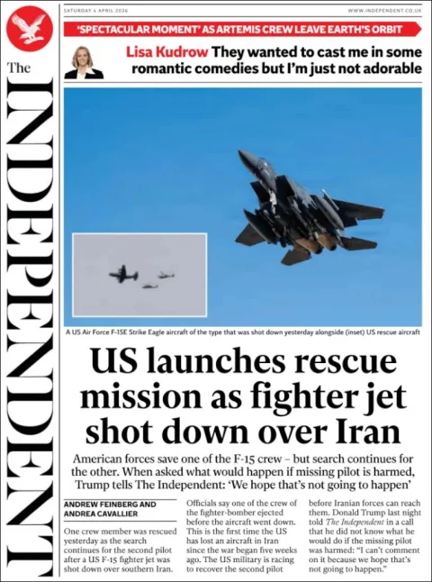 Portada de The Independent del sábado, 4 de abril de 2026