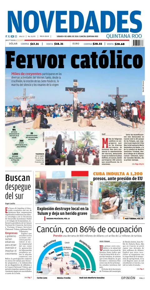 Portada de Novedades Quintana Roo del sábado, 4 de abril de 2026