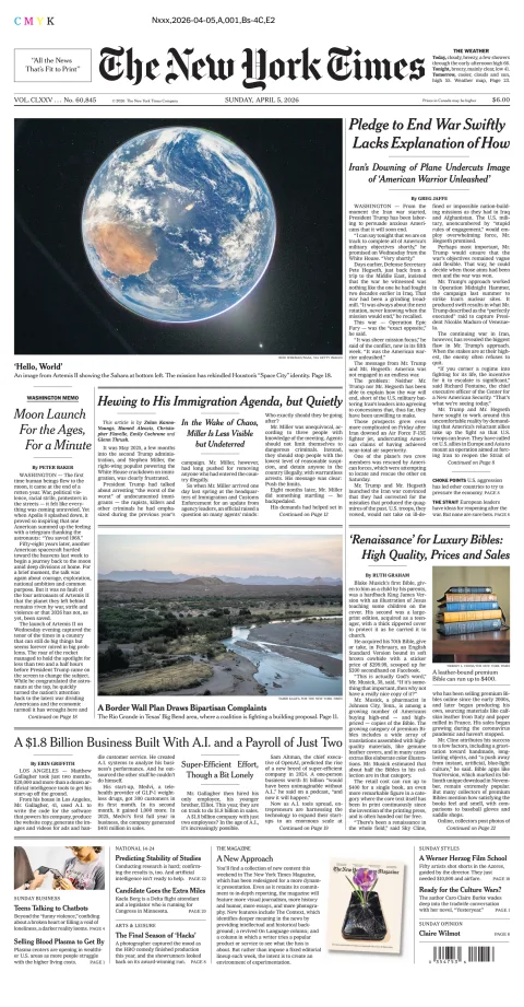 Portada de The New York Times (new York) del domingo, 5 de abril de 2026